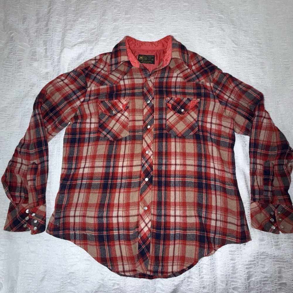 Rare Vintage Kmart Men's Wool Flannel Mens Large Plaid Red‎ Blue Well Worn